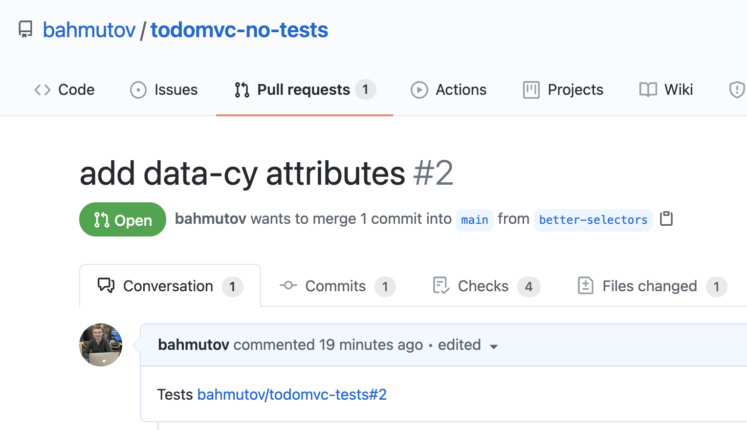 Put the link to the tests PR in the body of the application PR