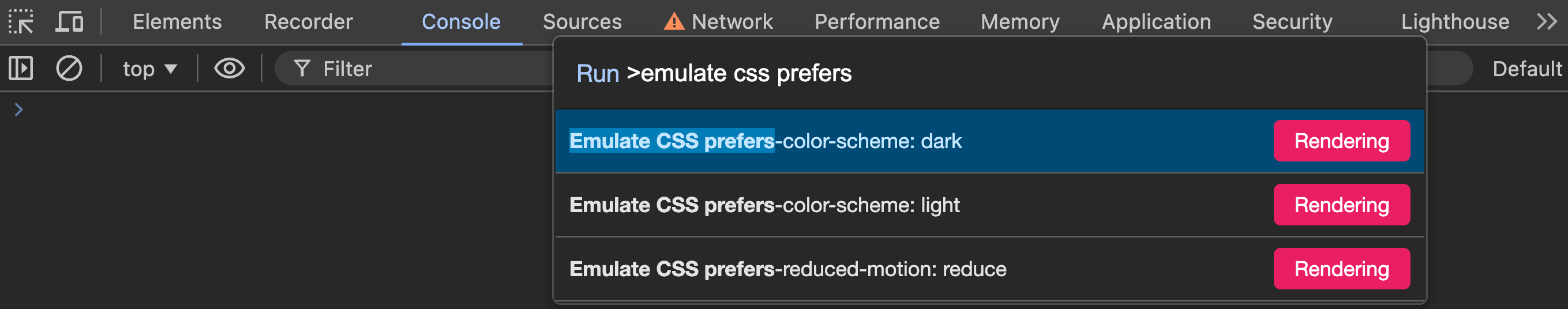 Pick the DevTools command to emulate the dark color theme