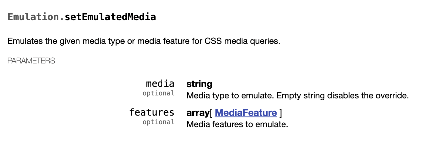 Emulation.setEmulatedMedia command