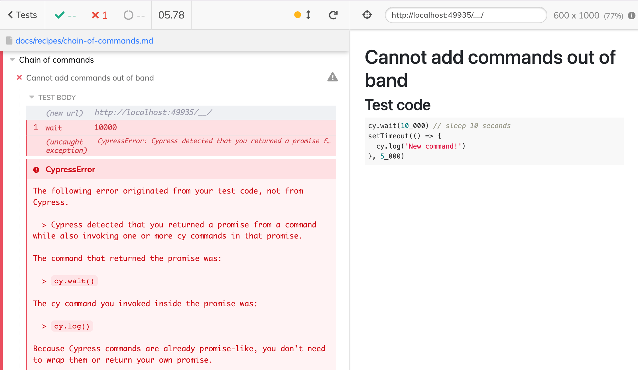 Cypress throws an error when trying to add an out-of-band command