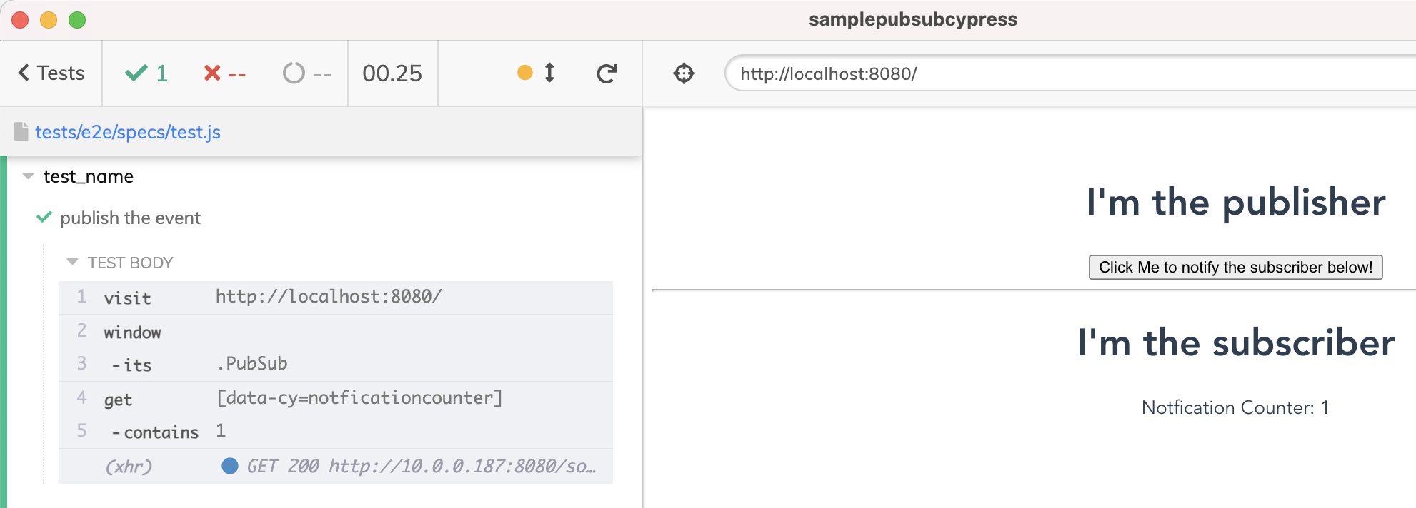 The test published the event using the right PubSub