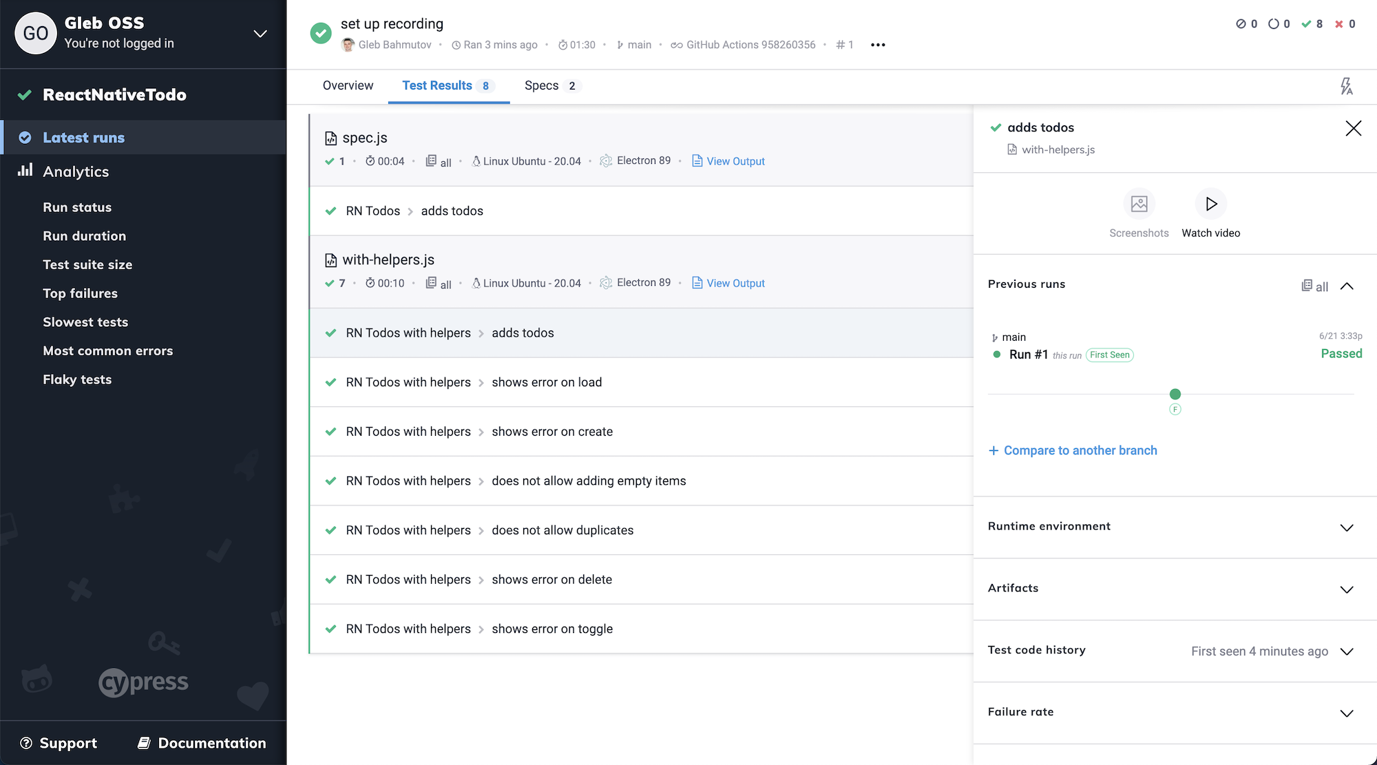 Recorded tests on Cypress Dashboard
