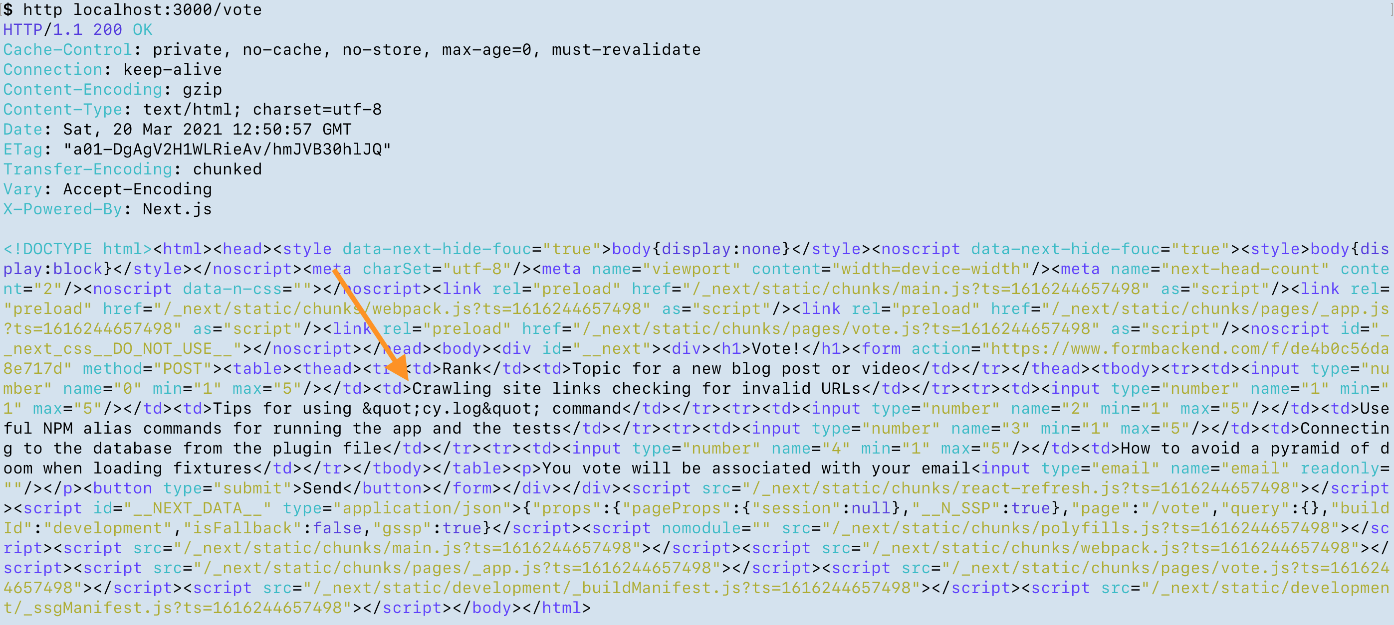 HTML page returned from the server