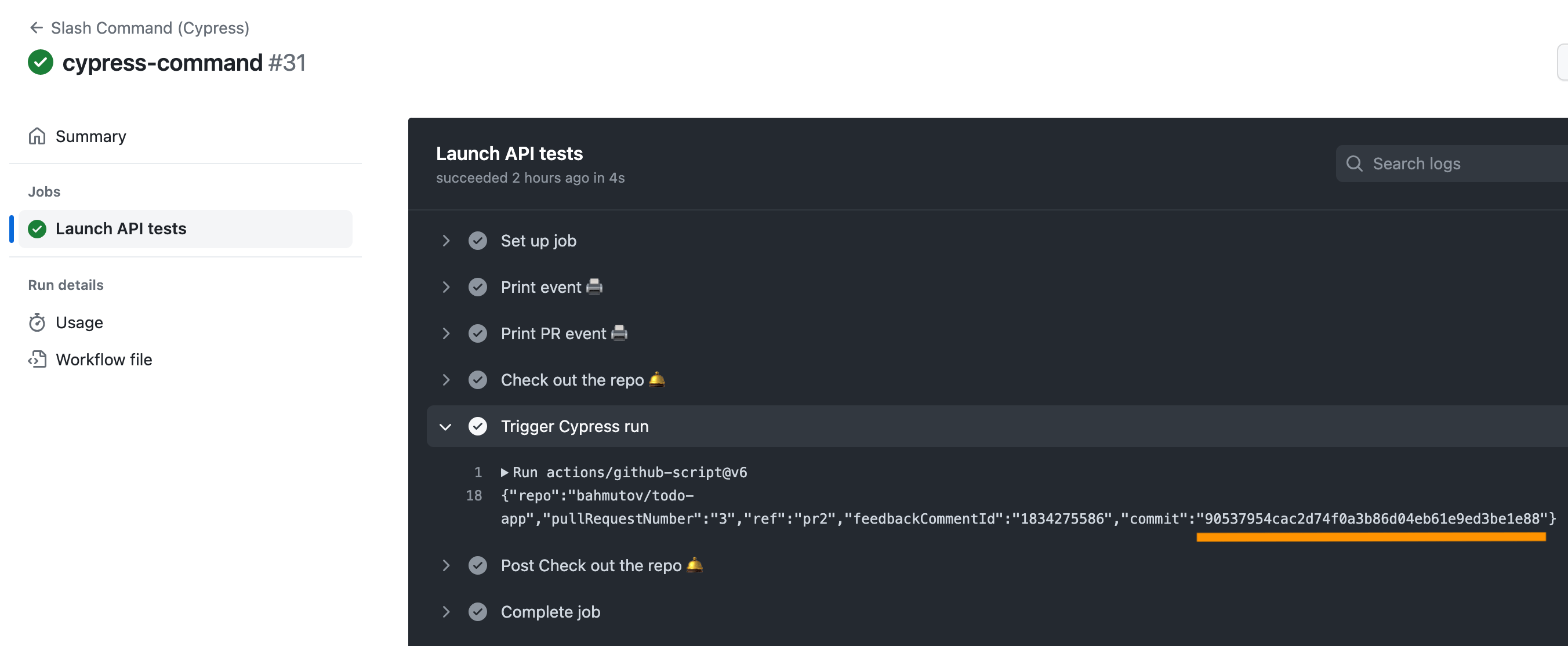 The full commit SHA is sent with the test trigger